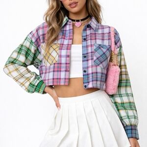 Fashion Nova Boxy Patchwork Plaid Cropped Flannel Shirt L Heritage Woods Y2K Clu
